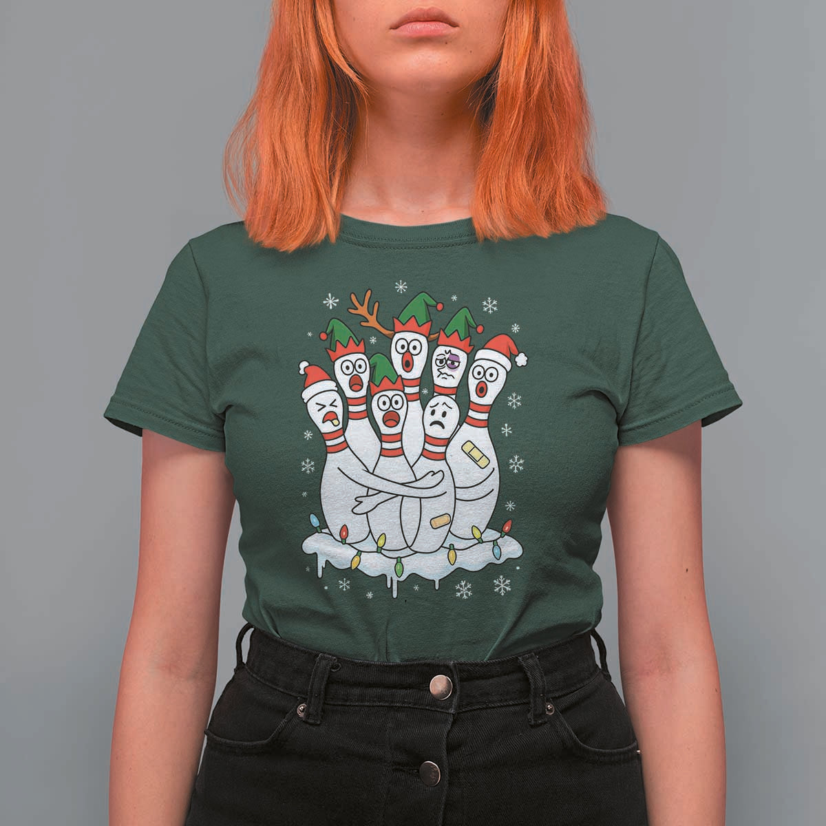 Funny Scared Cartoon Christmas Bowling Pins T Shirt For Women - Wonder Print Shop