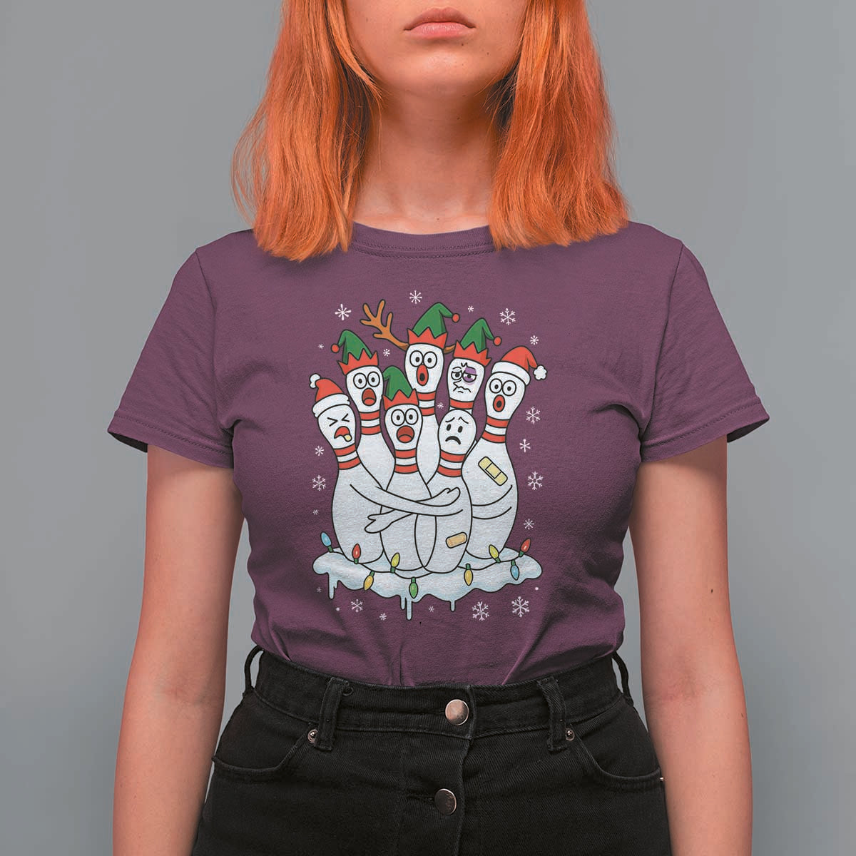 Funny Scared Cartoon Christmas Bowling Pins T Shirt For Women - Wonder Print Shop