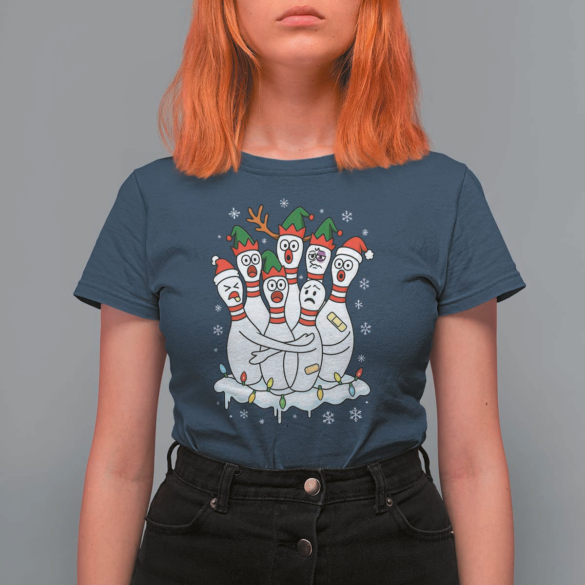 Funny Scared Cartoon Christmas Bowling Pins T Shirt For Women - Wonder Print Shop