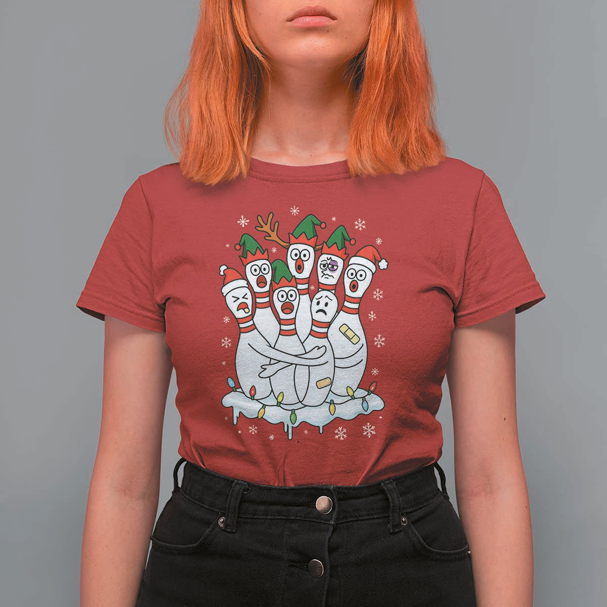Funny Scared Cartoon Christmas Bowling Pins T Shirt For Women - Wonder Print Shop