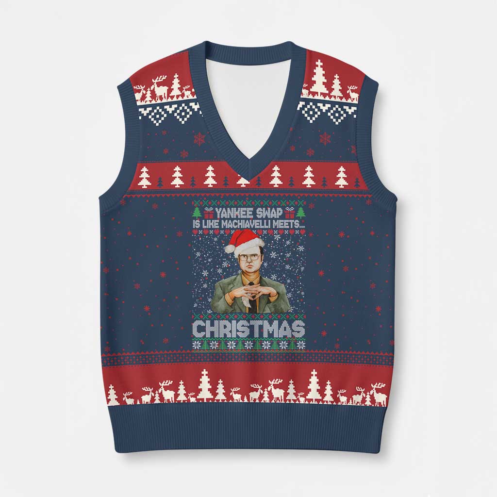 Funny Xmas The Office Movie V-Neck Knit Sweater Vest Yankee Swap Is Like Machiavelli Meets Xmas - Wonder Print Shop