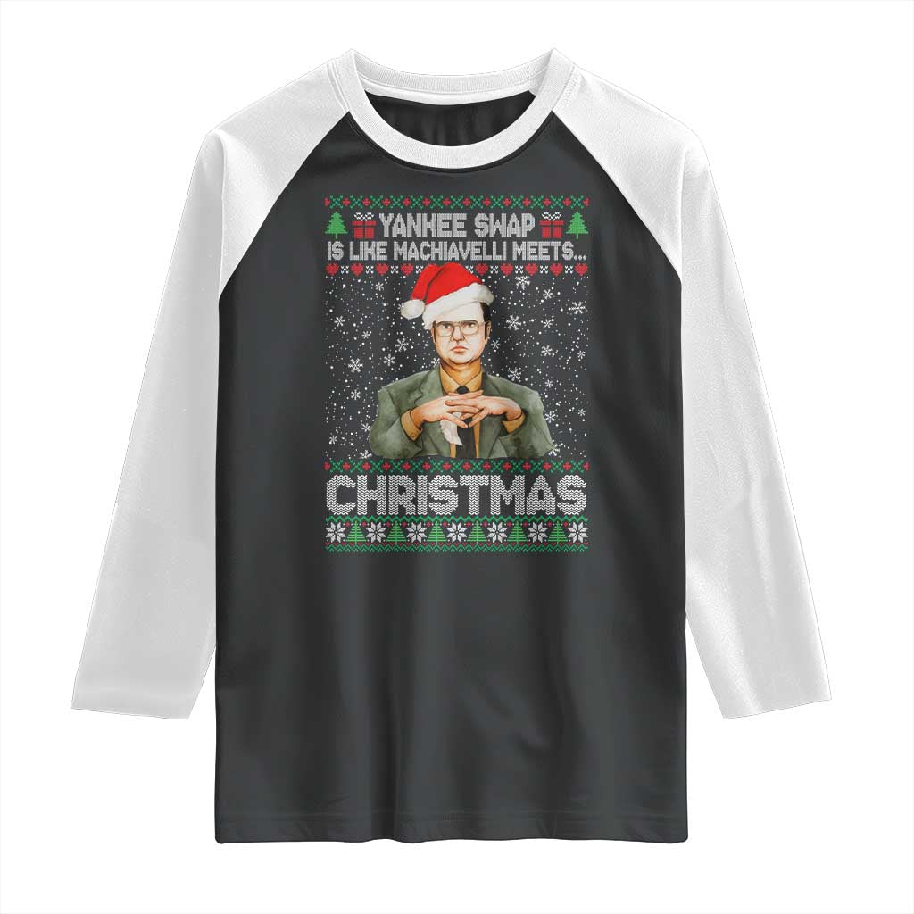 Funny Christmas The Office Movie Raglan Shirt Yankee Swap Is Like Machiavelli Meets Christmas - Wonder Print Shop