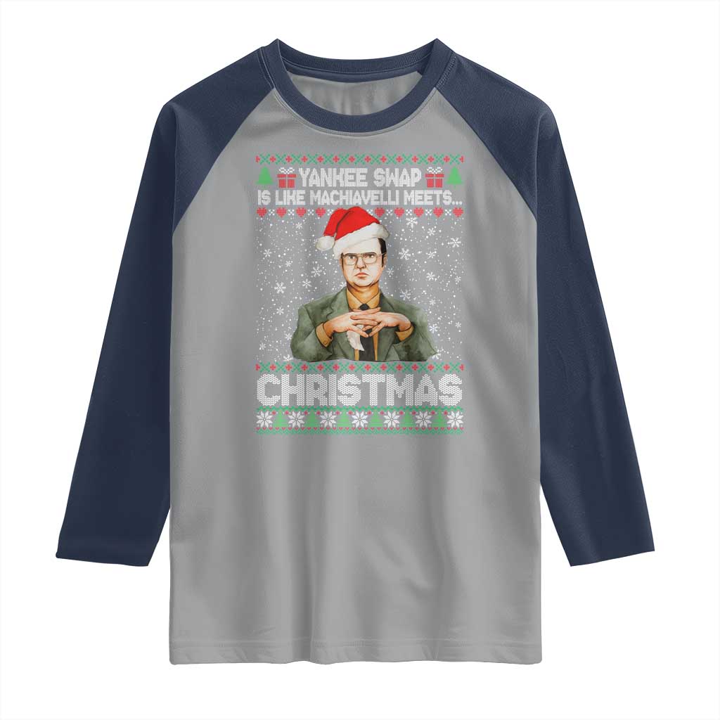 Funny Christmas The Office Movie Raglan Shirt Yankee Swap Is Like Machiavelli Meets Christmas - Wonder Print Shop