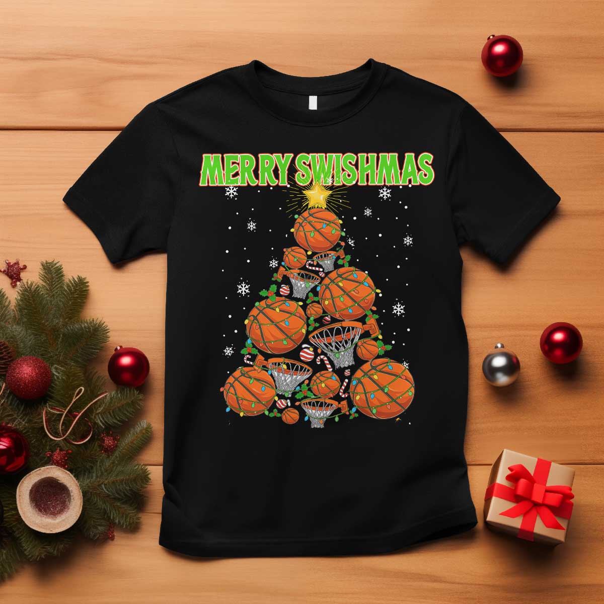 Christmas Basketball Merry Swishmas T Shirt Basketball Xmas Tree - Wonder Print Shop