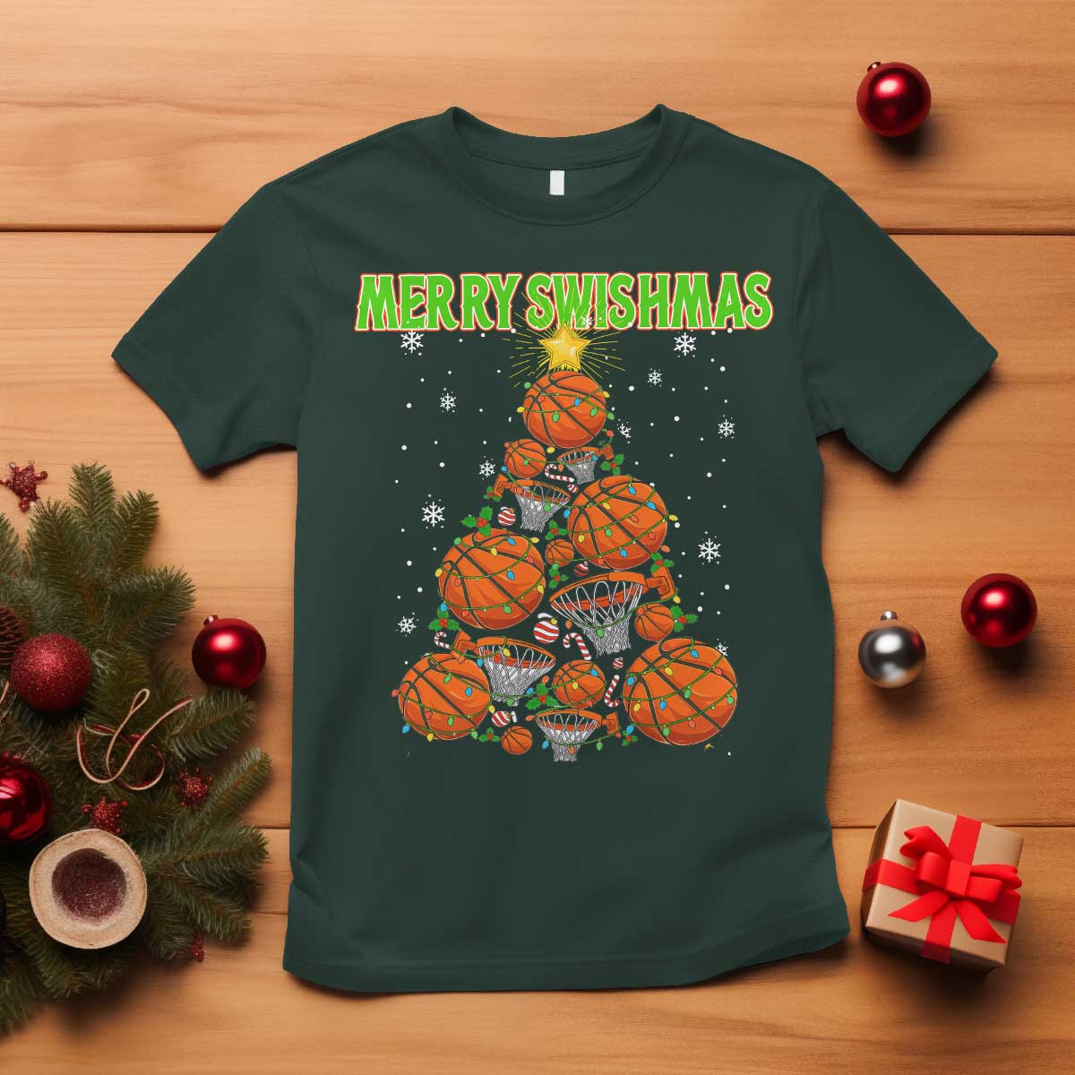Christmas Basketball Merry Swishmas T Shirt Basketball Xmas Tree - Wonder Print Shop