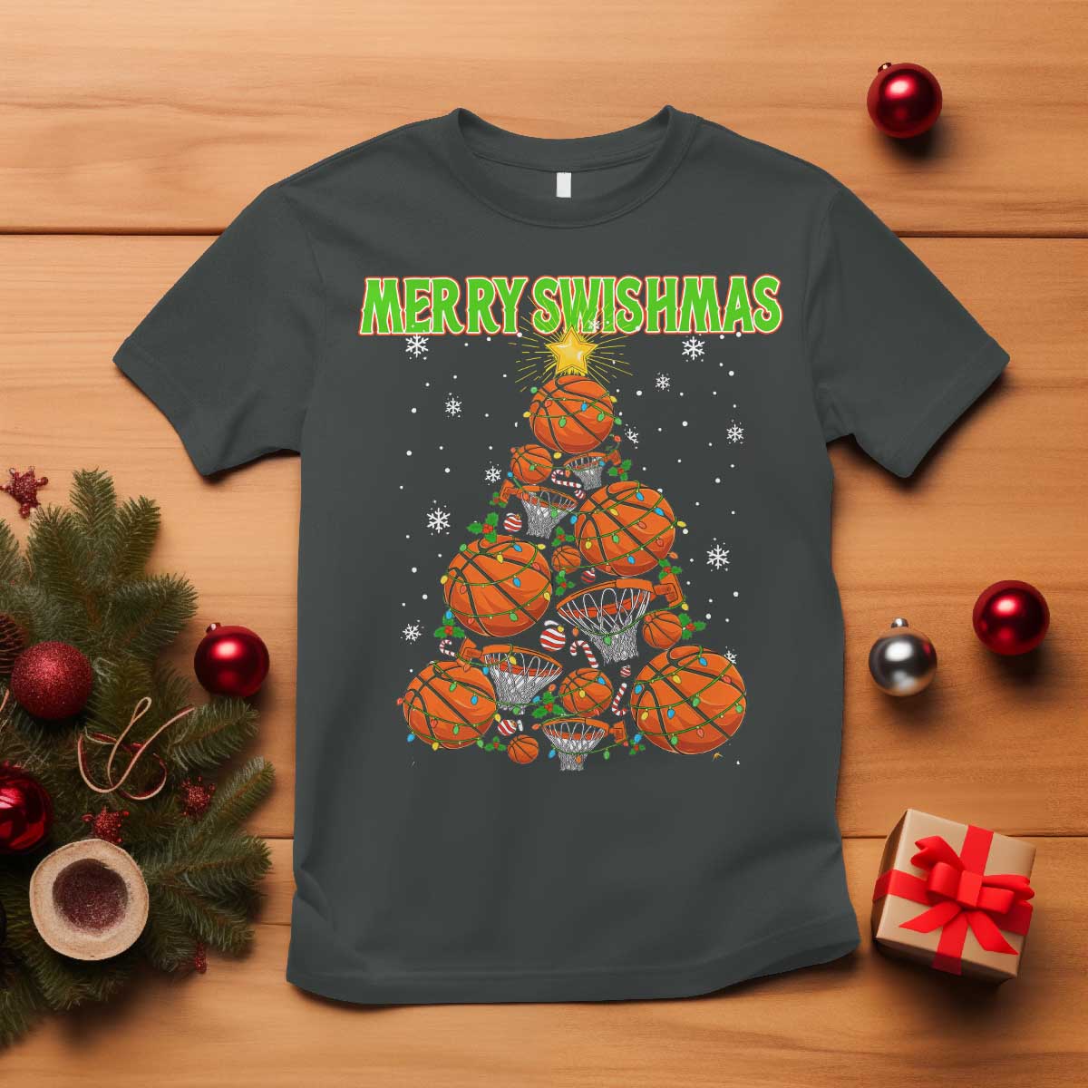 Christmas Basketball Merry Swishmas T Shirt Basketball Xmas Tree - Wonder Print Shop