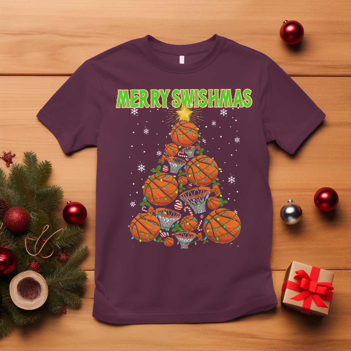 Christmas Basketball Merry Swishmas T Shirt Basketball Xmas Tree - Wonder Print Shop