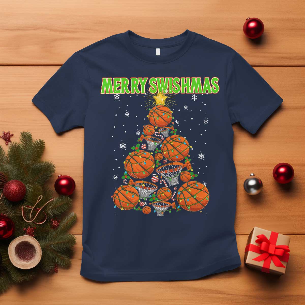 Christmas Basketball Merry Swishmas T Shirt Basketball Xmas Tree - Wonder Print Shop