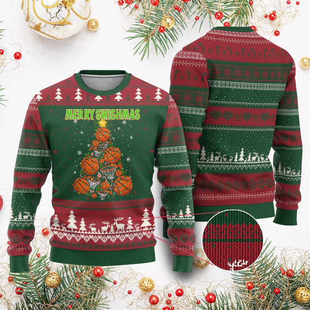 Christmas Basketball Merry Swishmas Ugly Christmas Sweater Basketball Xmas Tree - Wonder Print Shop