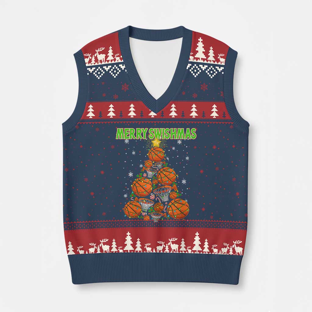 Christmas Basketball Merry Swishmas V-Neck Knit Sweater Vest Basketball Xmas Tree - Wonder Print Shop