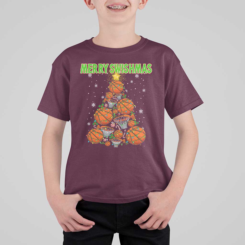 Christmas Basketball Merry Swishmas T Shirt For Kid Basketball Xmas Tree - Wonder Print Shop