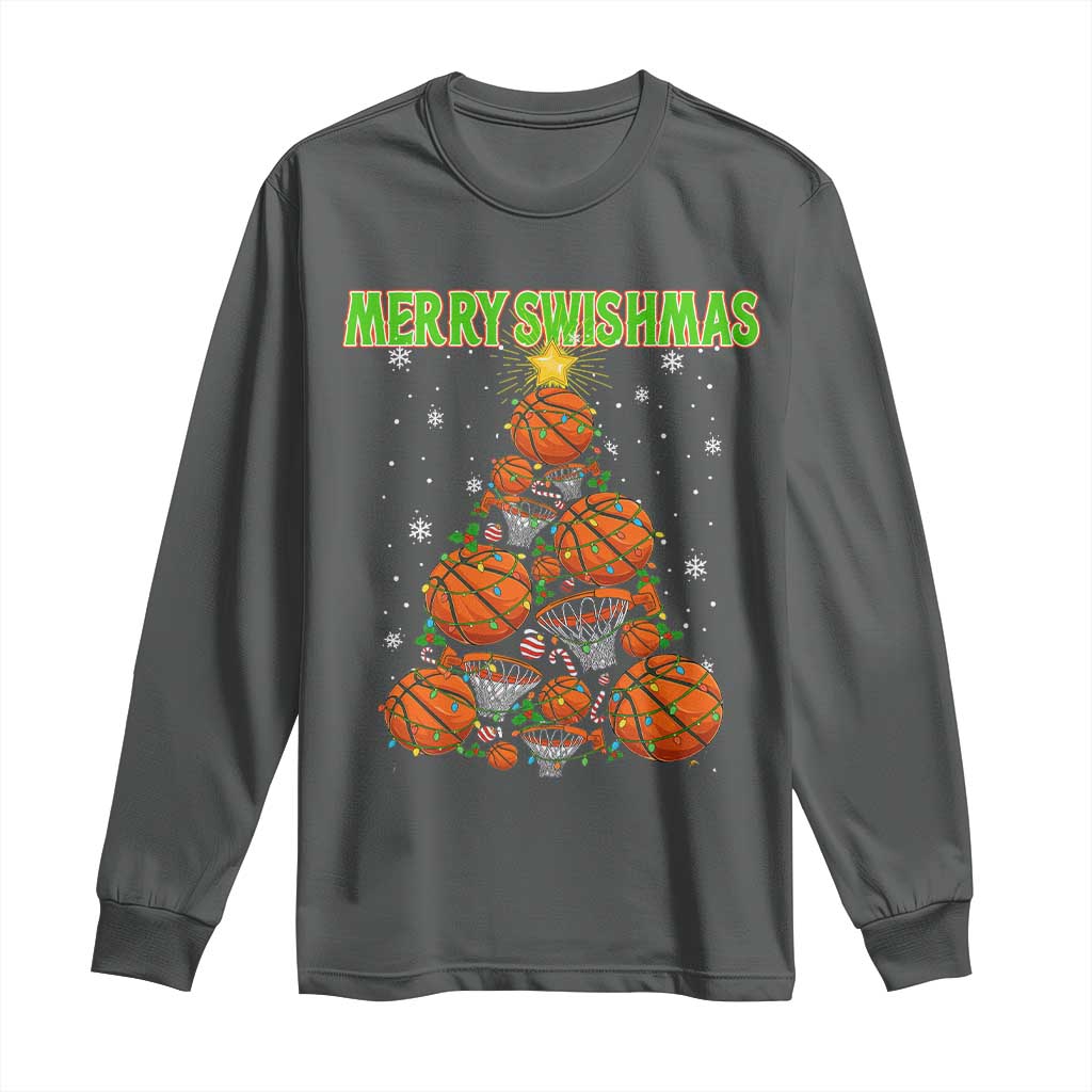Christmas Basketball Merry Swishmas Long Sleeve Shirt Basketball Xmas Tree - Wonder Print Shop