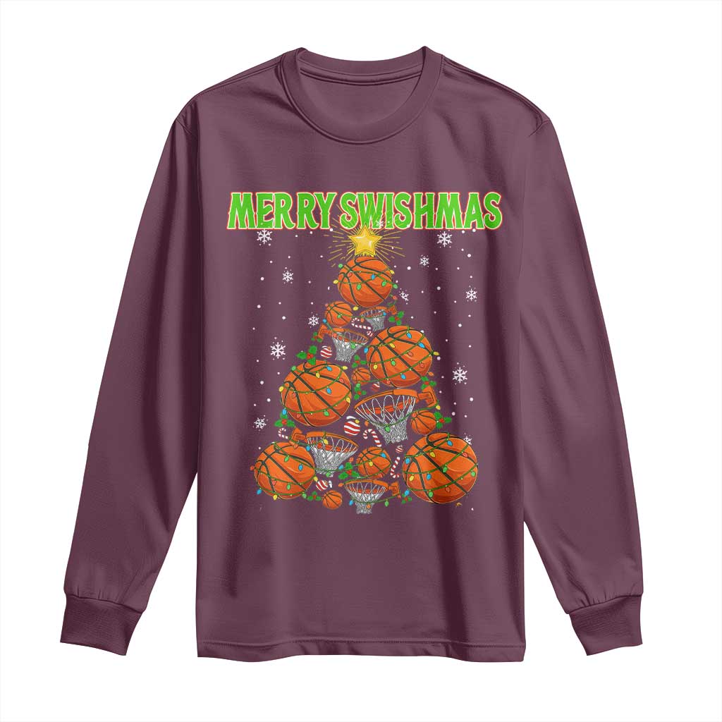 Christmas Basketball Merry Swishmas Long Sleeve Shirt Basketball Xmas Tree - Wonder Print Shop