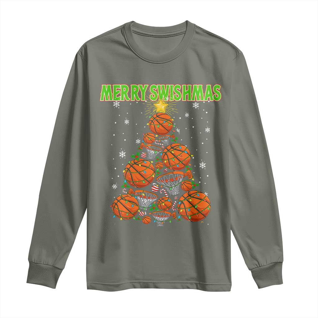 Christmas Basketball Merry Swishmas Long Sleeve Shirt Basketball Xmas Tree - Wonder Print Shop