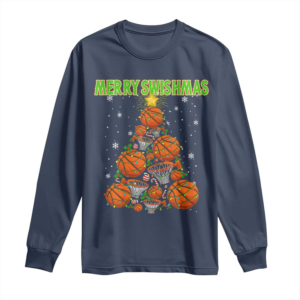 Christmas Basketball Merry Swishmas Long Sleeve Shirt Basketball Xmas Tree - Wonder Print Shop