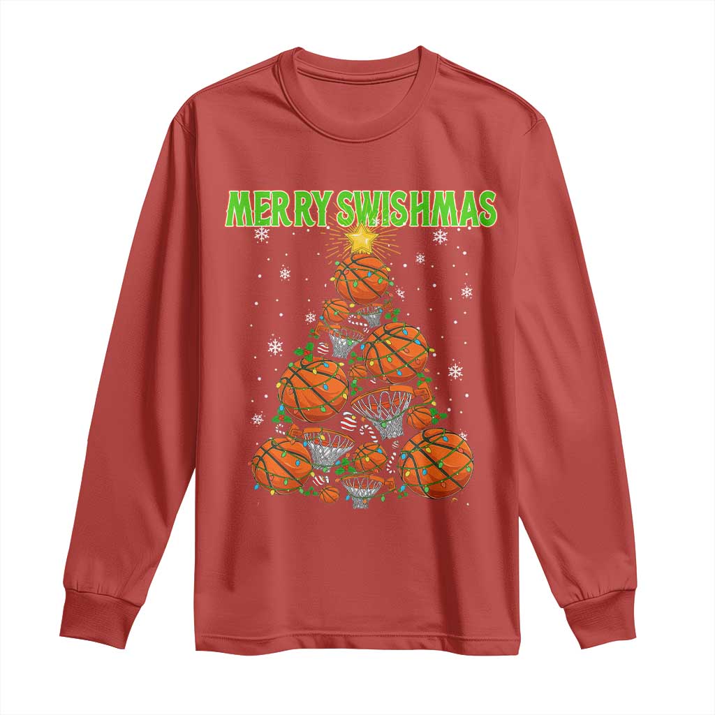 Christmas Basketball Merry Swishmas Long Sleeve Shirt Basketball Xmas Tree - Wonder Print Shop
