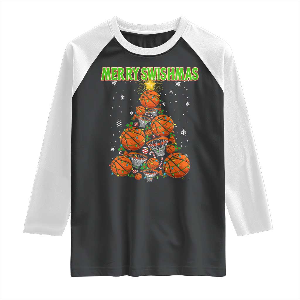 Christmas Basketball Merry Swishmas Raglan Shirt Basketball Xmas Tree - Wonder Print Shop