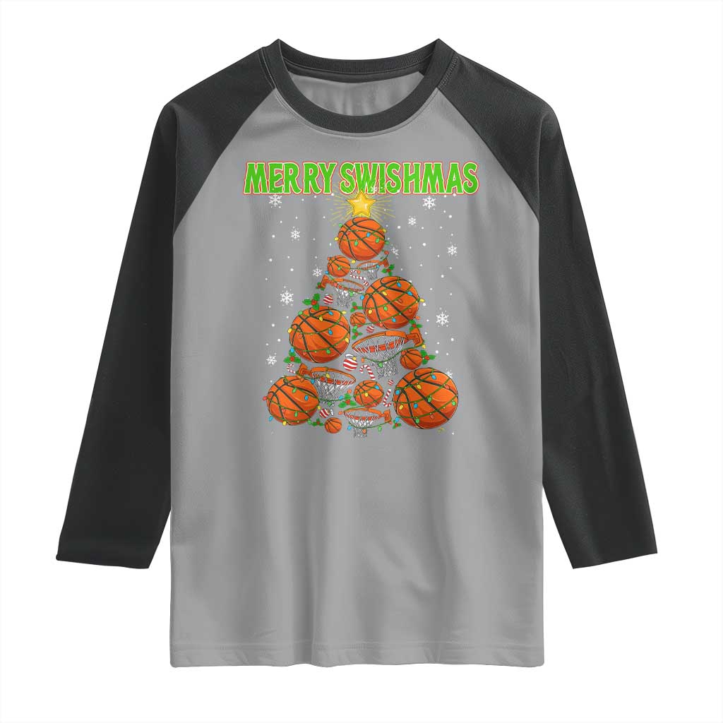 Christmas Basketball Merry Swishmas Raglan Shirt Basketball Xmas Tree - Wonder Print Shop