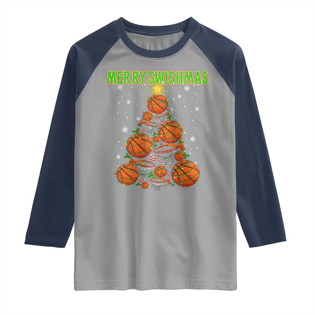 Christmas Basketball Merry Swishmas Raglan Shirt Basketball Xmas Tree - Wonder Print Shop