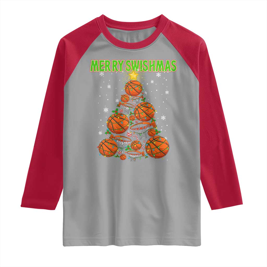 Christmas Basketball Merry Swishmas Raglan Shirt Basketball Xmas Tree - Wonder Print Shop