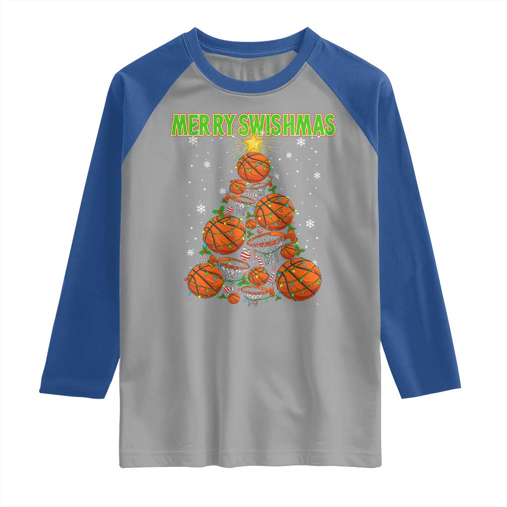 Christmas Basketball Merry Swishmas Raglan Shirt Basketball Xmas Tree - Wonder Print Shop