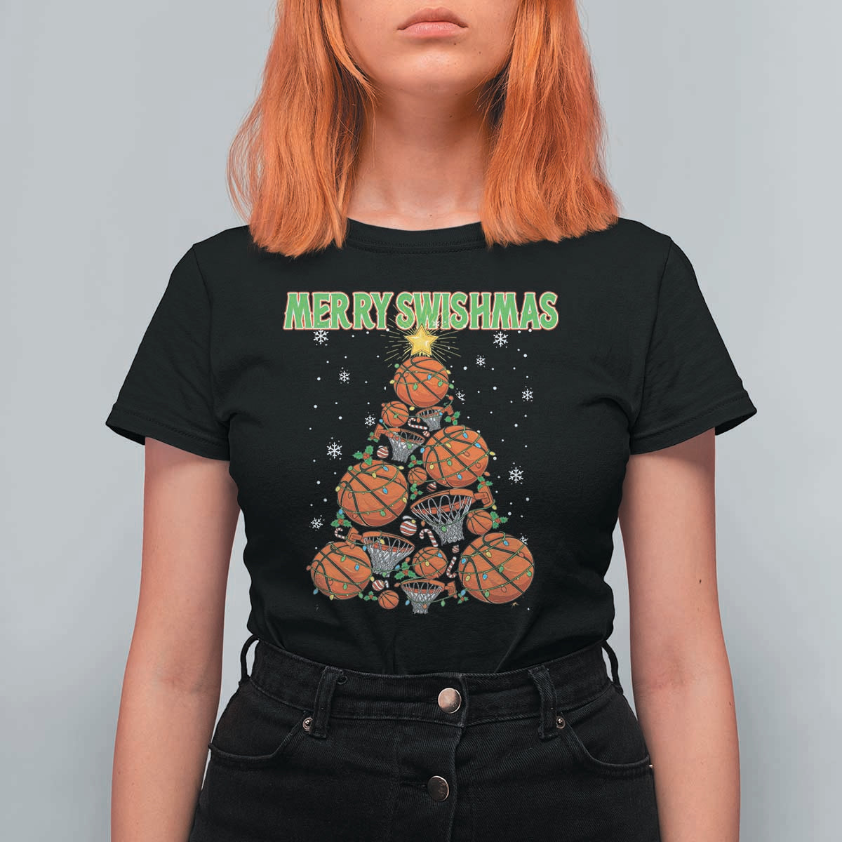 Christmas Basketball Merry Swishmas T Shirt For Women Basketball Xmas Tree - Wonder Print Shop