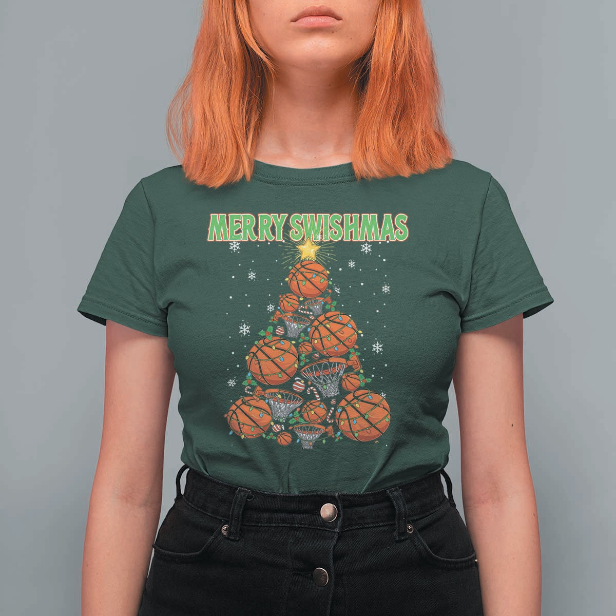 Christmas Basketball Merry Swishmas T Shirt For Women Basketball Xmas Tree - Wonder Print Shop