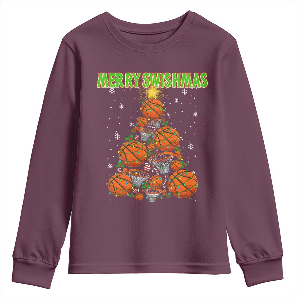 Christmas Basketball Merry Swishmas Youth Sweatshirt Basketball Xmas Tree - Wonder Print Shop