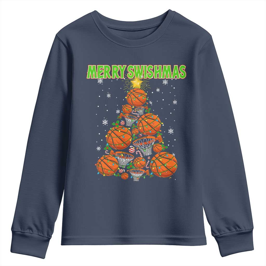 Christmas Basketball Merry Swishmas Youth Sweatshirt Basketball Xmas Tree - Wonder Print Shop