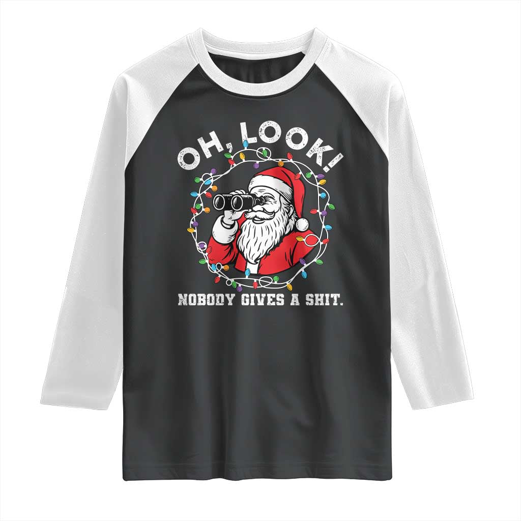 Funny Christmas Santa Oh Look Nobody Gives A Shit Raglan Shirt - Wonder Print Shop