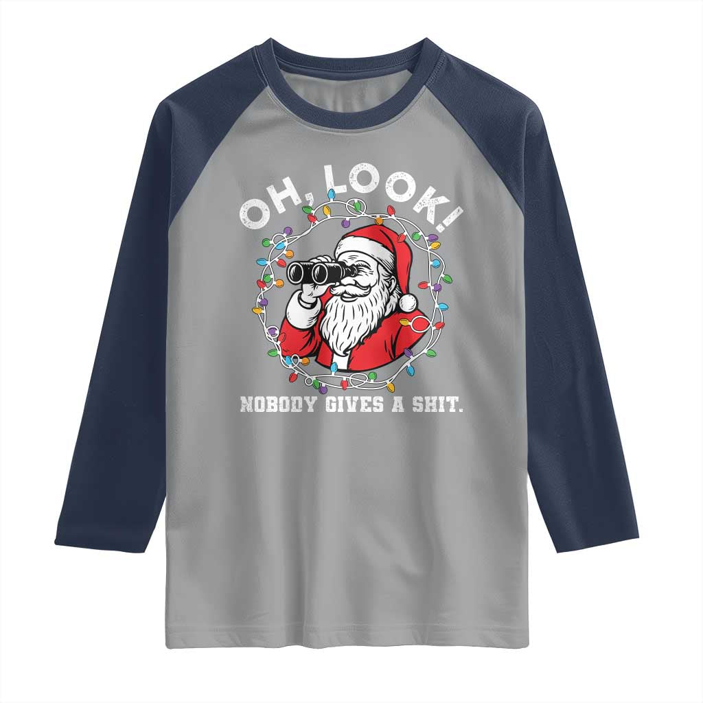 Funny Christmas Santa Oh Look Nobody Gives A Shit Raglan Shirt - Wonder Print Shop