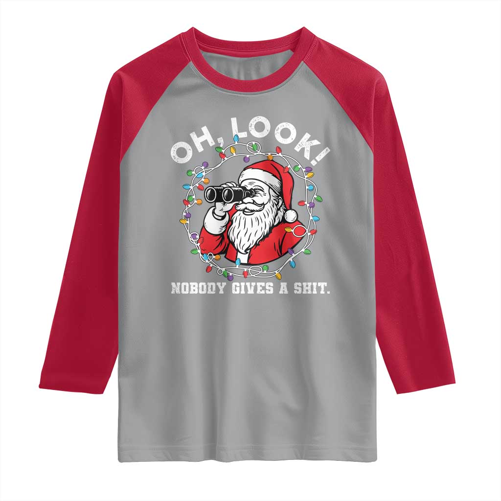 Funny Christmas Santa Oh Look Nobody Gives A Shit Raglan Shirt - Wonder Print Shop