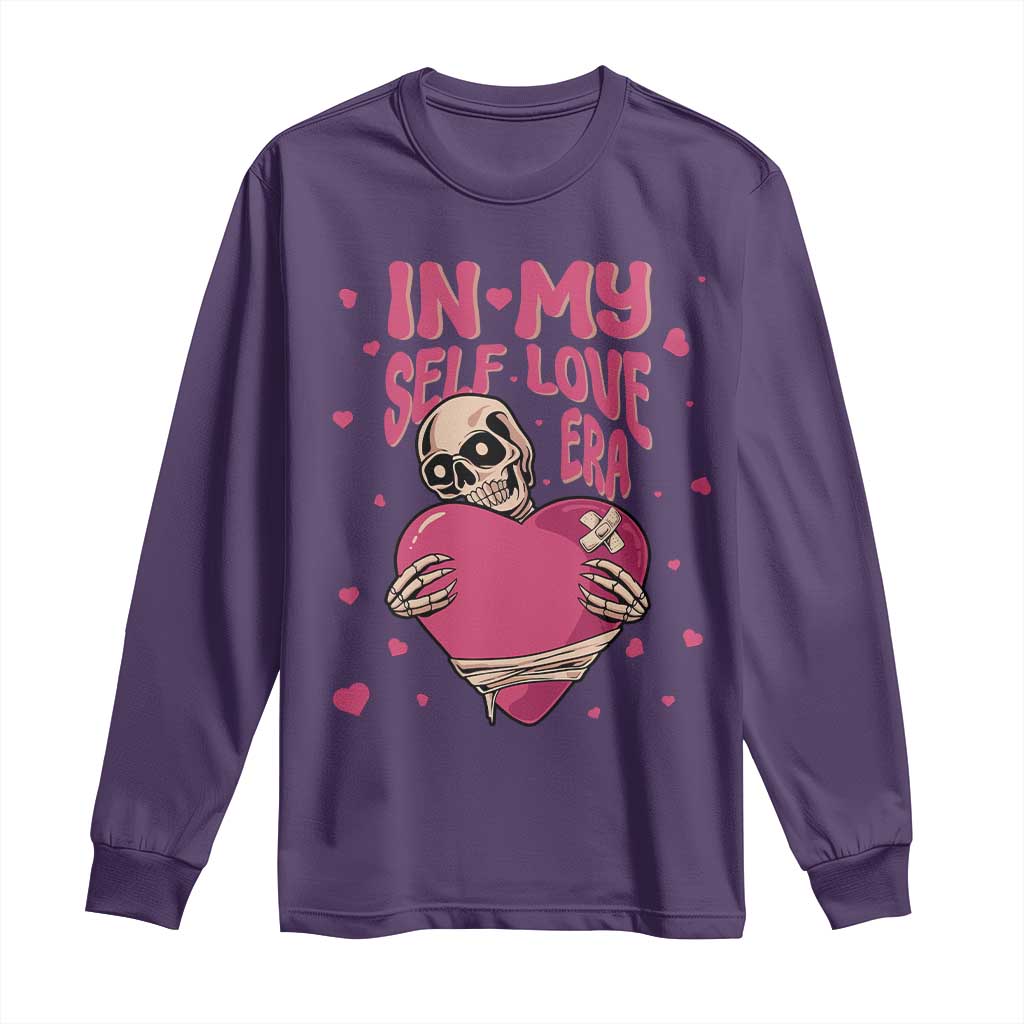 Funny Anti Valentine's Day Long Sleeve Shirt In My Self Love Era Skeleton Hearts