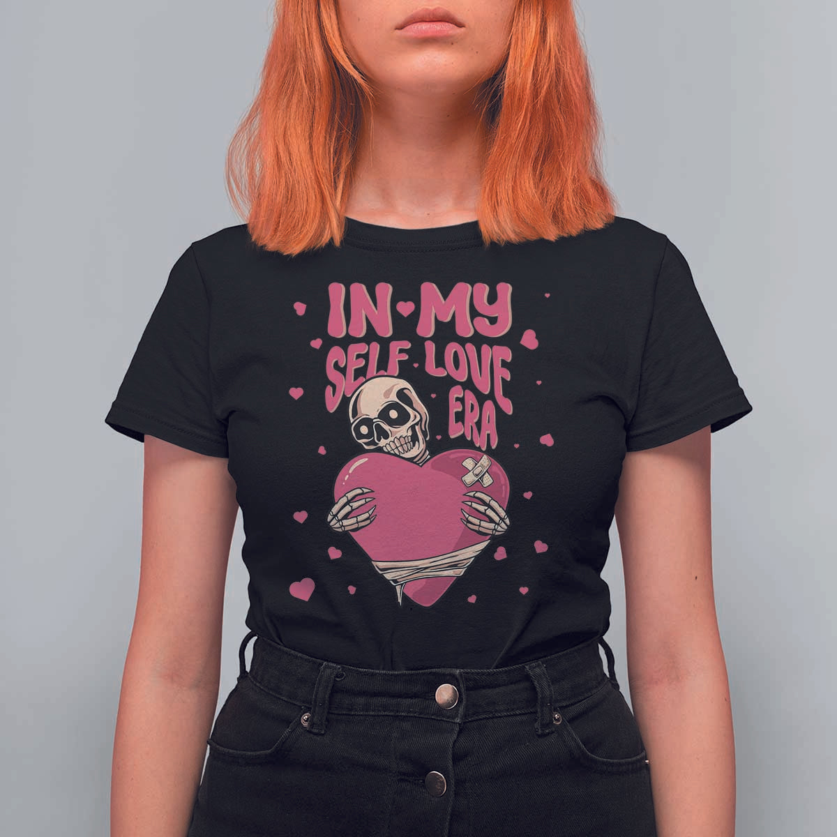 Funny Anti Valentine's Day T Shirt For Women In My Self Love Era Skeleton Hearts