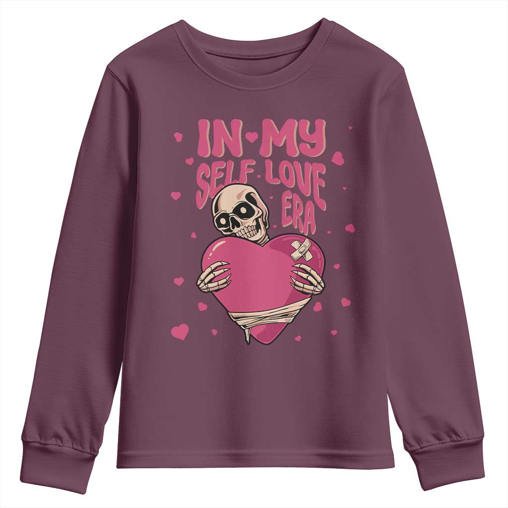 Funny Anti Valentine's Day Youth Sweatshirt In My Self Love Era Skeleton Hearts
