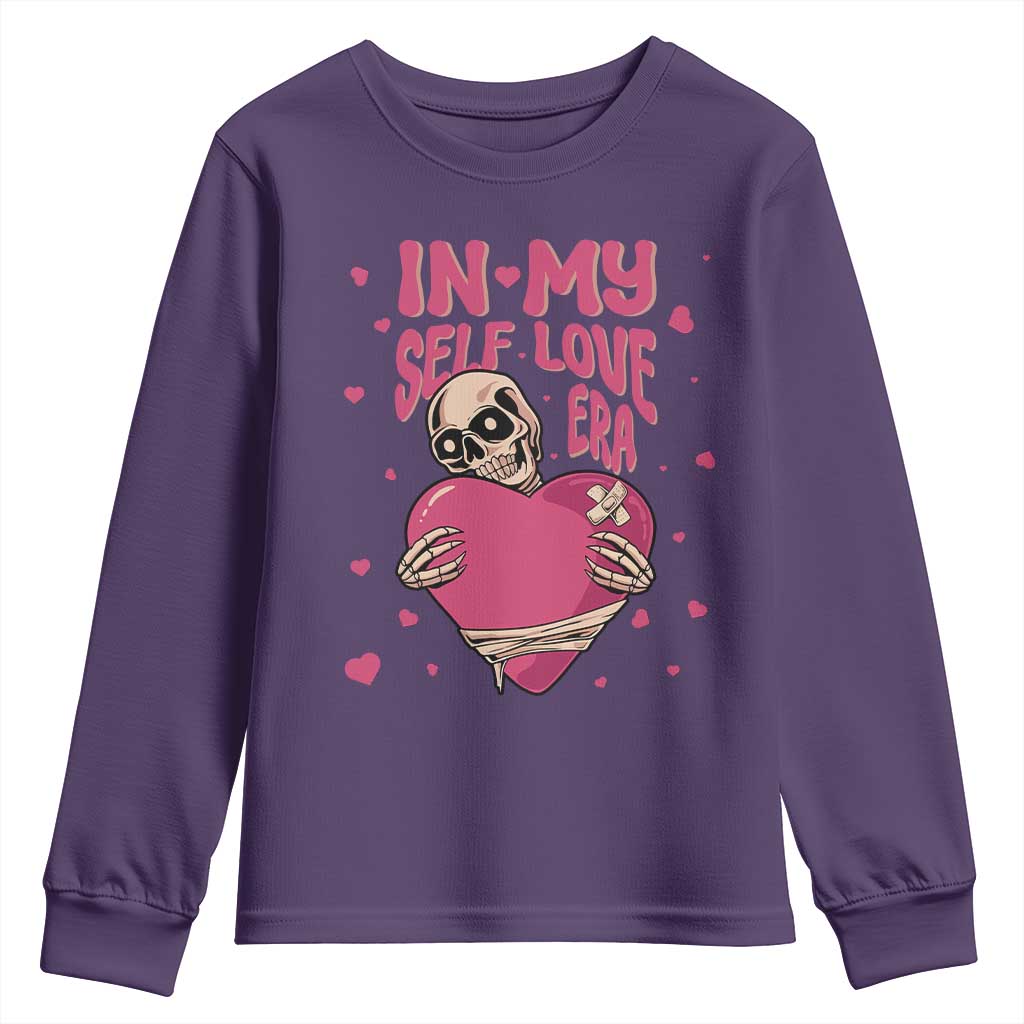 Funny Anti Valentine's Day Youth Sweatshirt In My Self Love Era Skeleton Hearts