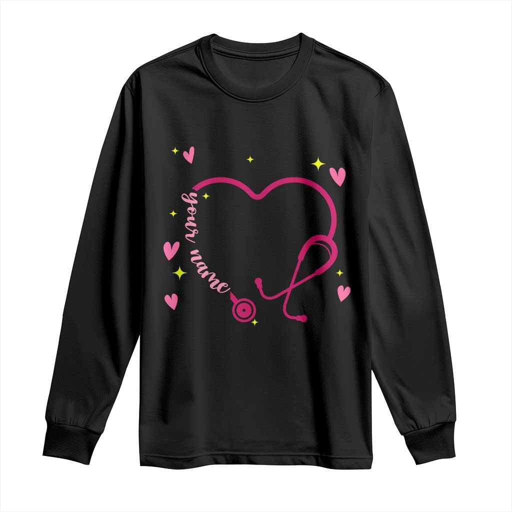 Personalized Valentine's Day Nursing Long Sleeve Shirt Custom Name Nurse Doctor Heart Stethoscope