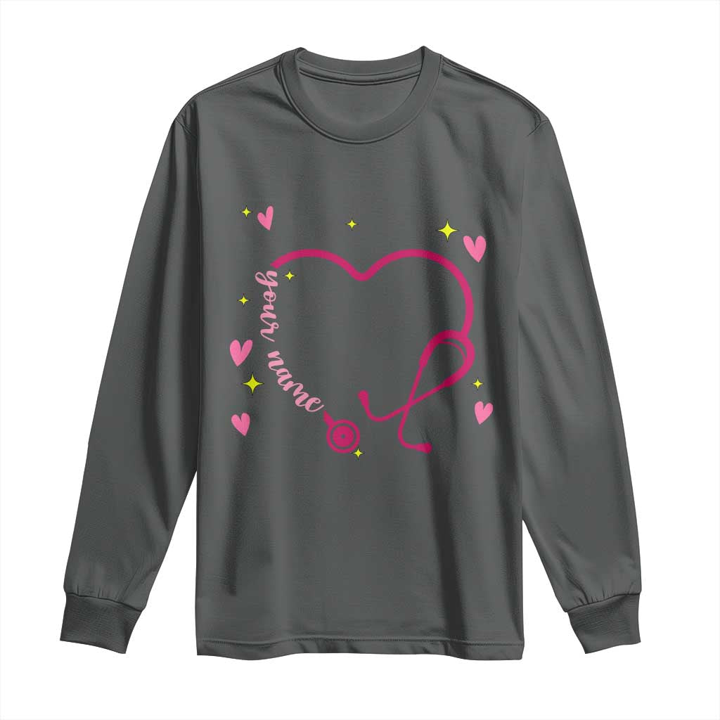 Personalized Valentine's Day Nursing Long Sleeve Shirt Custom Name Nurse Doctor Heart Stethoscope