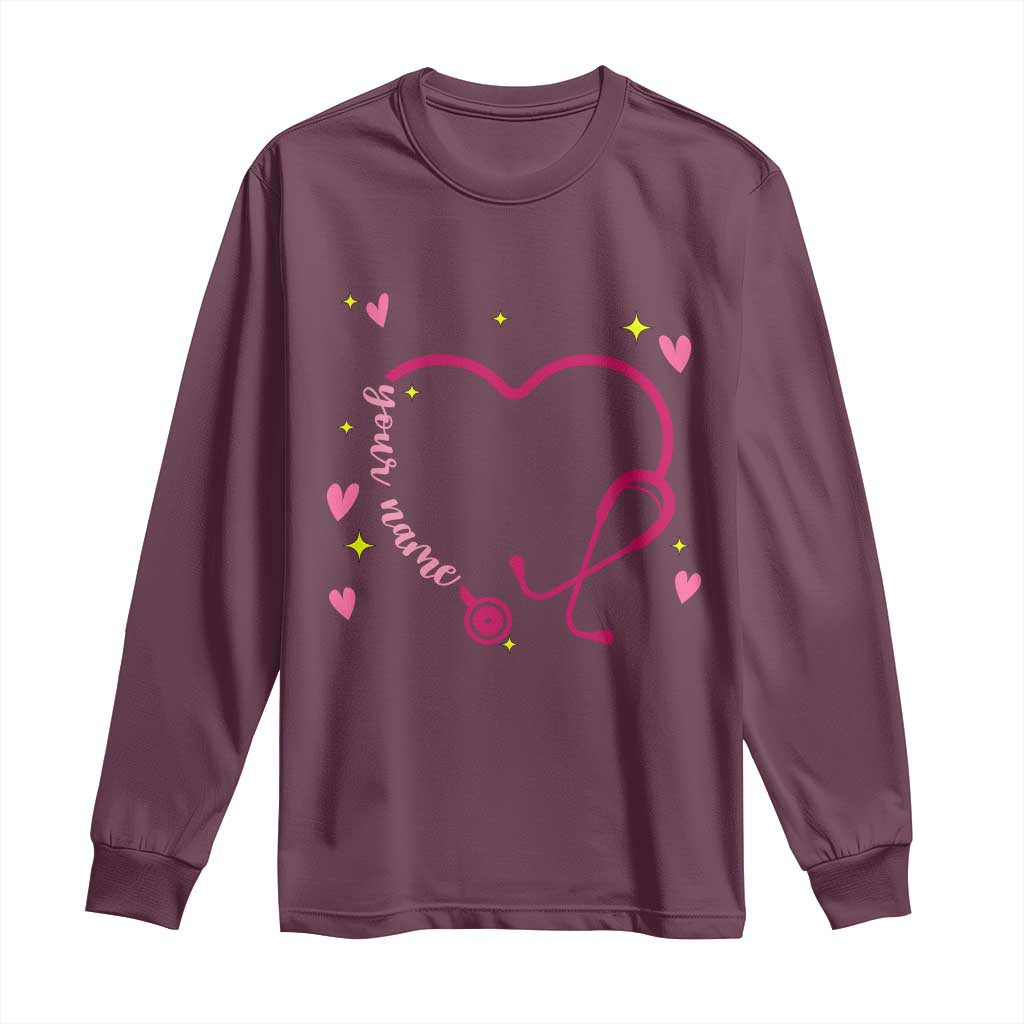 Personalized Valentine's Day Nursing Long Sleeve Shirt Custom Name Nurse Doctor Heart Stethoscope