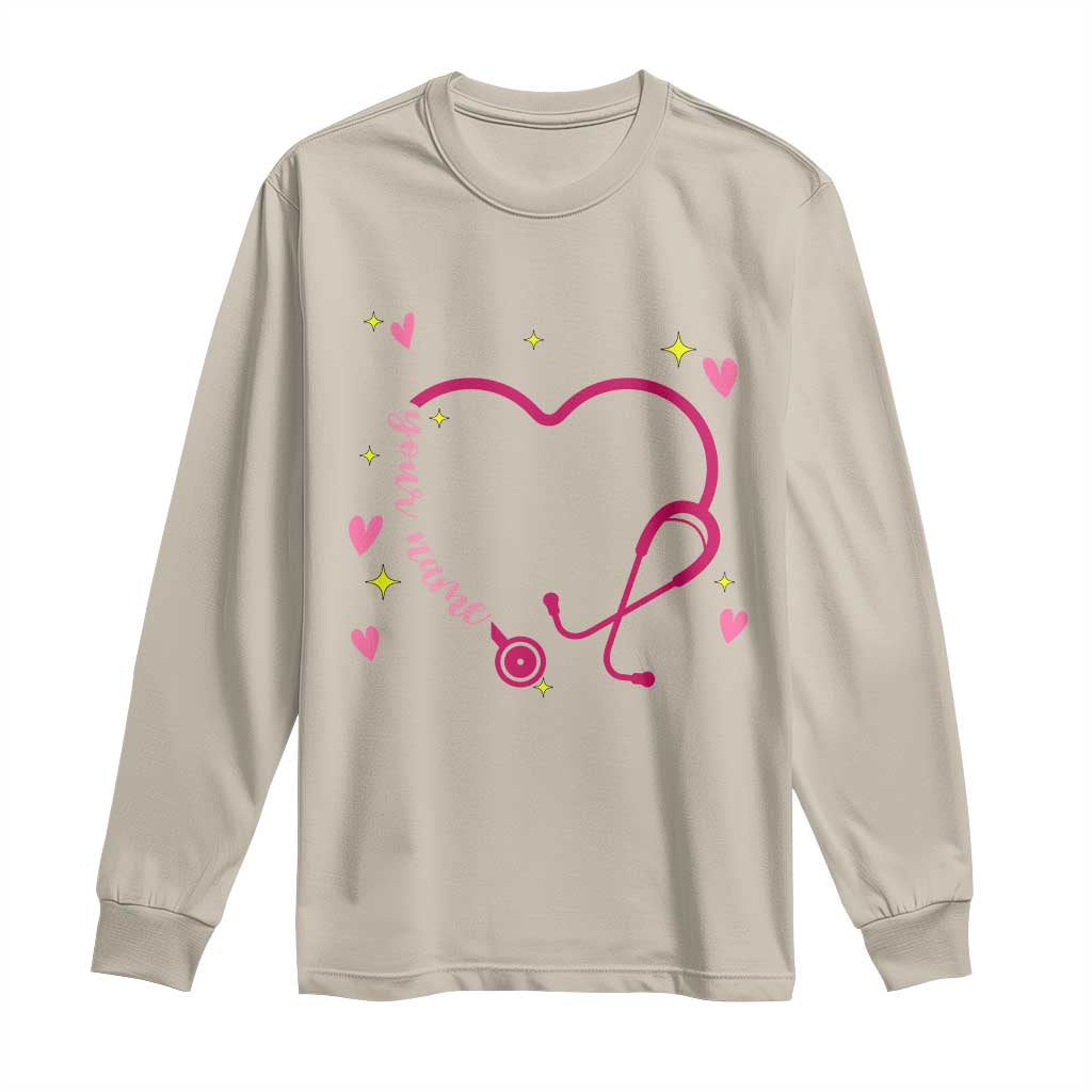 Personalized Valentine's Day Nursing Long Sleeve Shirt Custom Name Nurse Doctor Heart Stethoscope