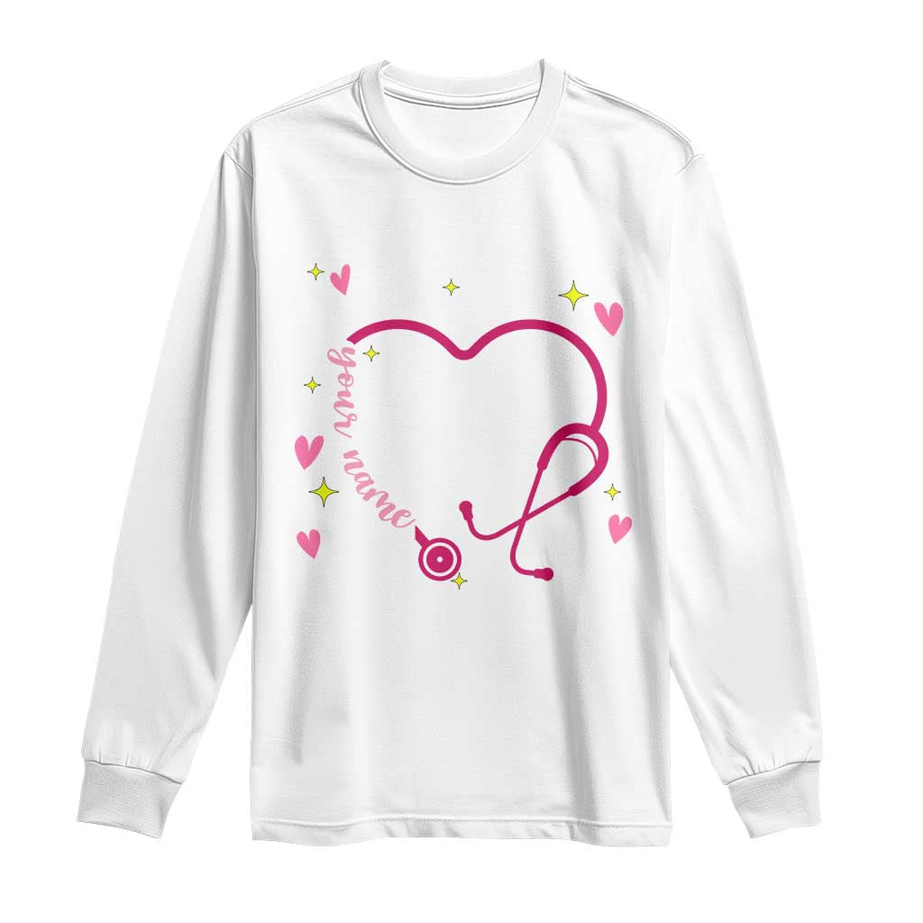 Personalized Valentine's Day Nursing Long Sleeve Shirt Custom Name Nurse Doctor Heart Stethoscope