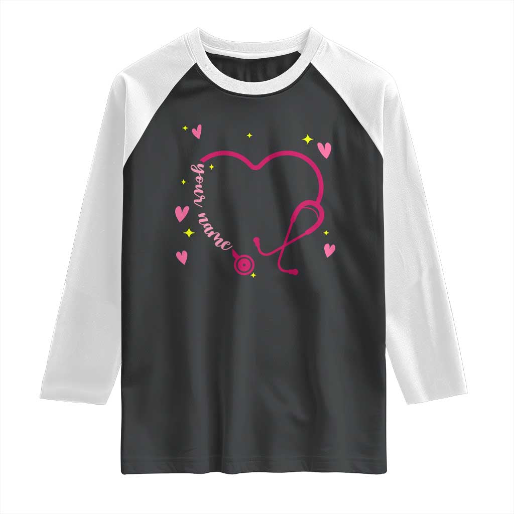 Personalized Valentine's Day Nursing Raglan Shirt Custom Name Nurse Doctor Heart Stethoscope