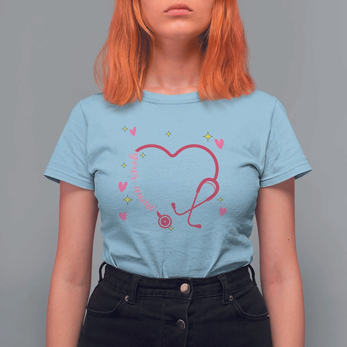 Personalized Valentine's Day Nursing T Shirt For Women Custom Name Nurse Doctor Heart Stethoscope