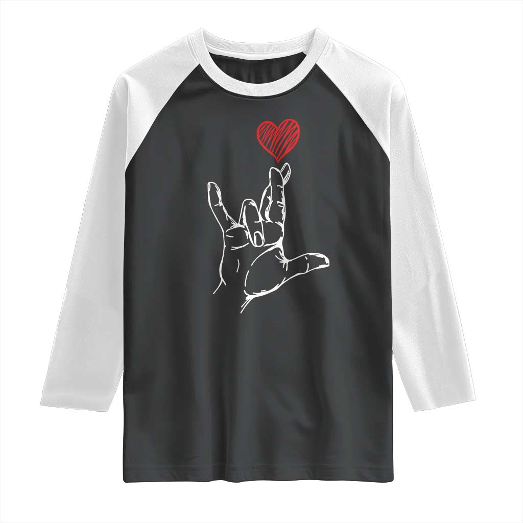 Funny Valentine's Day I Love You Hand Sign ASL Heart Raglan Shirt