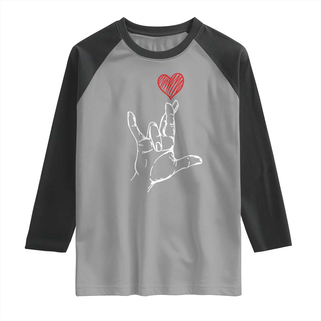 Funny Valentine's Day I Love You Hand Sign ASL Heart Raglan Shirt