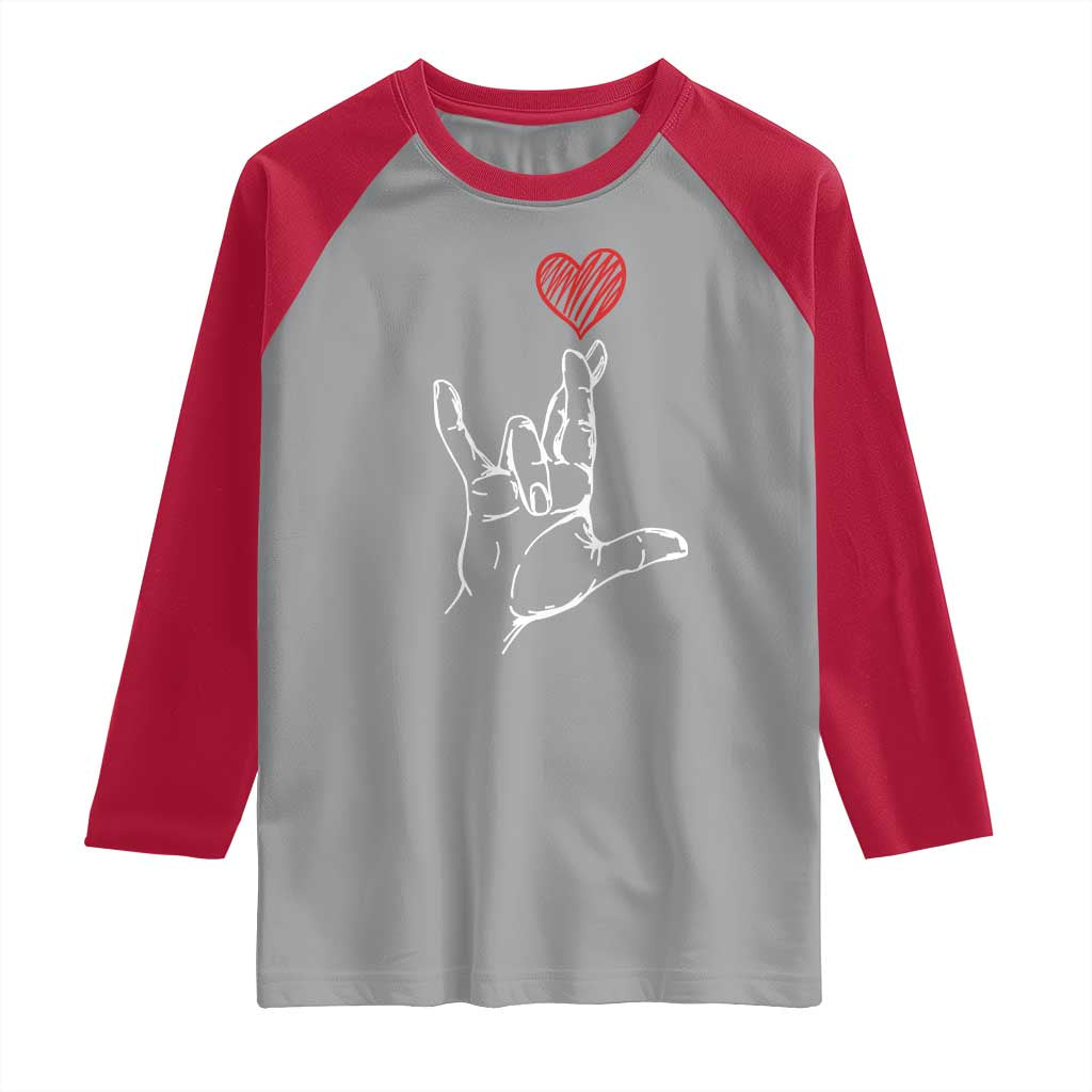 Funny Valentine's Day I Love You Hand Sign ASL Heart Raglan Shirt