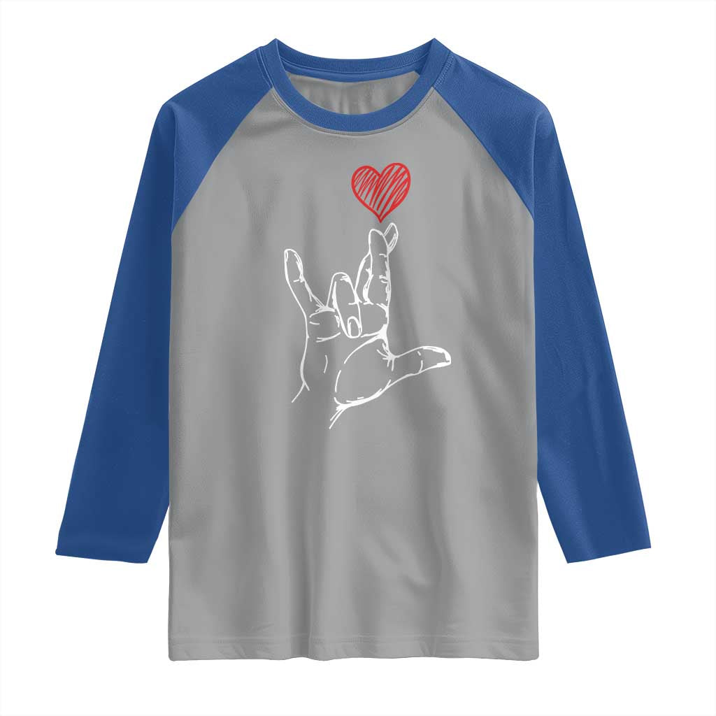 Funny Valentine's Day I Love You Hand Sign ASL Heart Raglan Shirt