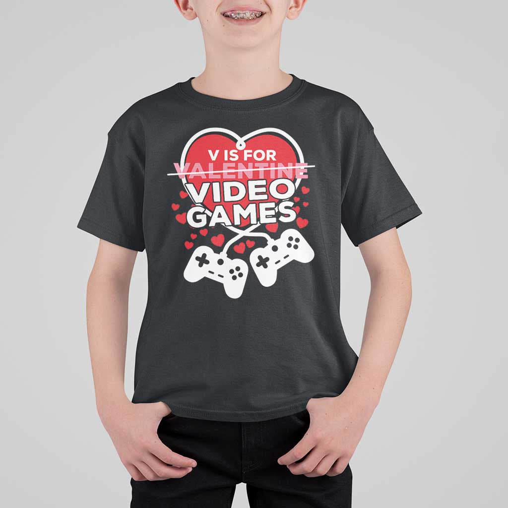 Funny Valentine's Day Gaming T Shirt For Kid V Is For Video Games Big Heart