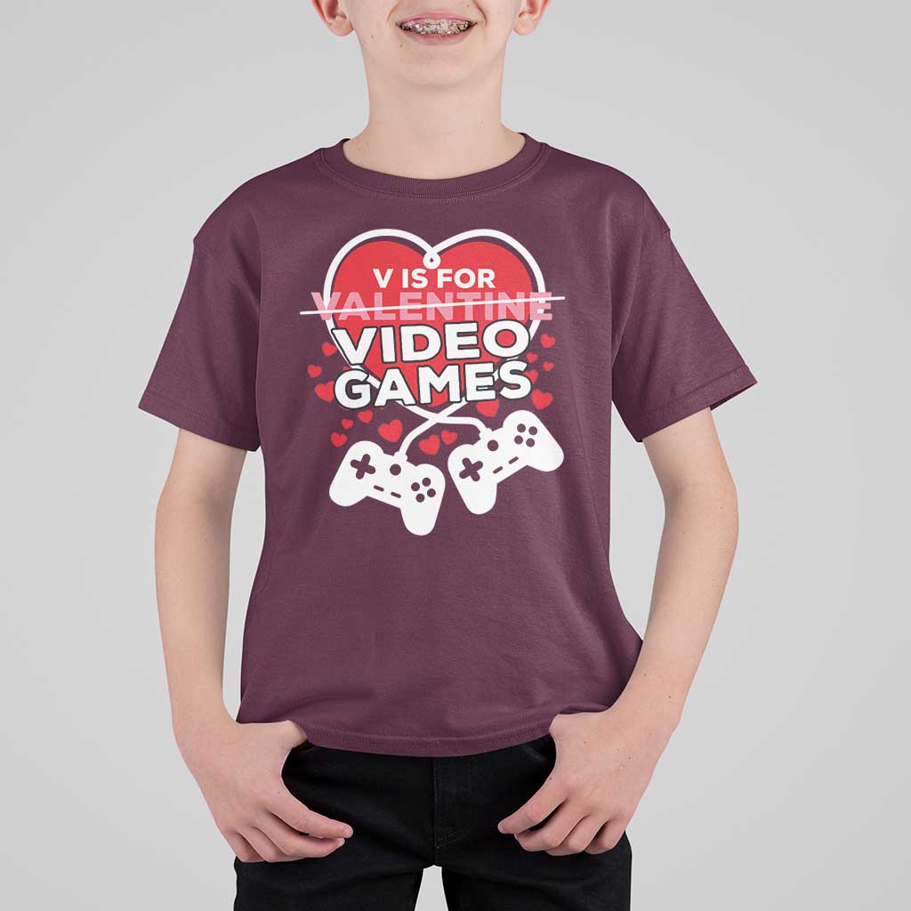 Funny Valentine's Day Gaming T Shirt For Kid V Is For Video Games Big Heart