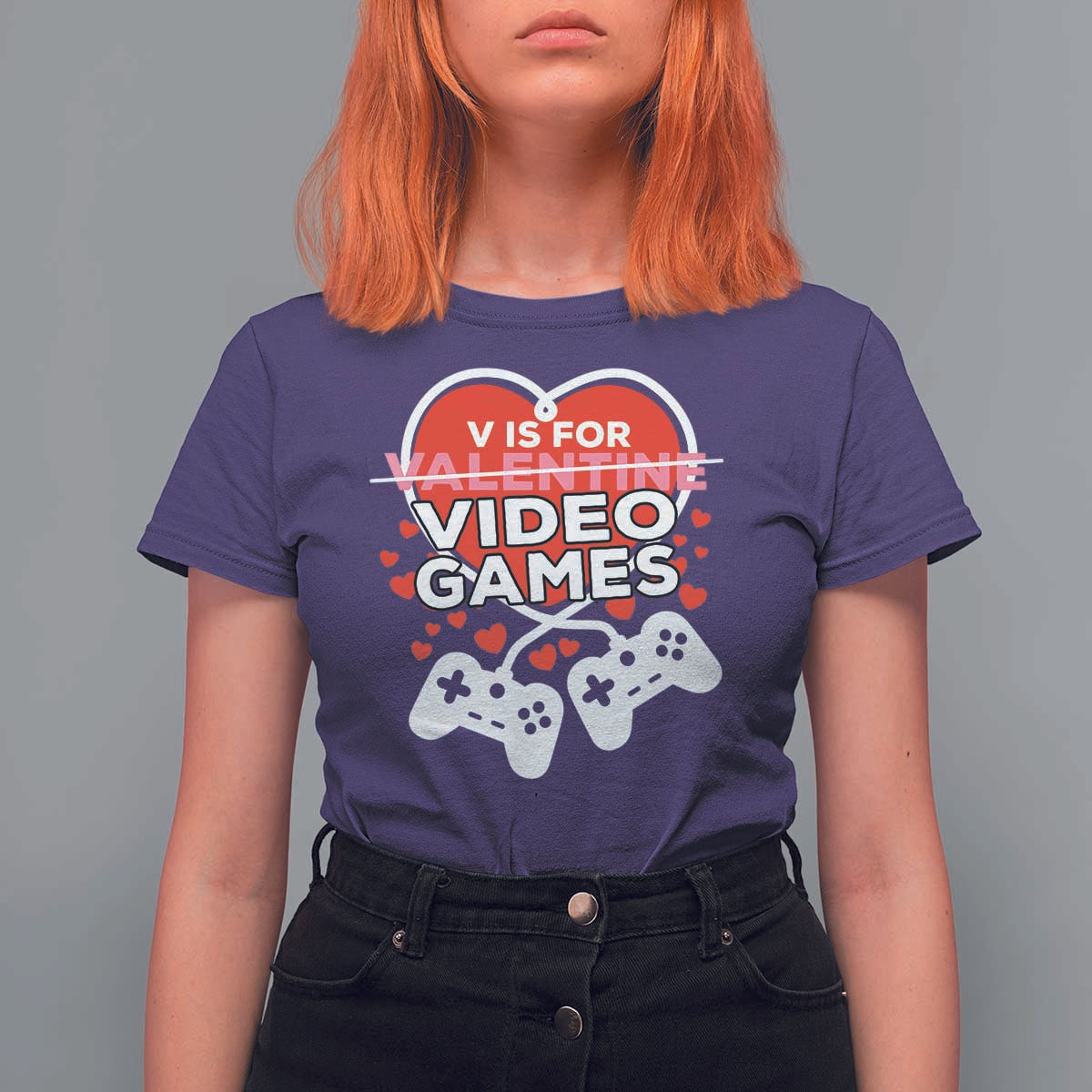 Funny Valentine's Day Gaming T Shirt For Women V Is For Video Games Big Heart